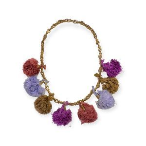 Vintage Sari Silk Multi Color Pom Pom Gold Chain Necklace